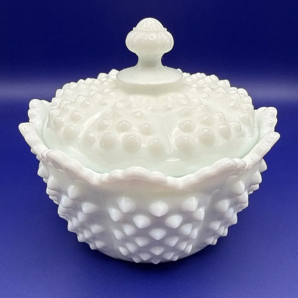 Vintage Fenton White Hobnail Milk Glass Candy Dish w/ Handle and Lid Grandma